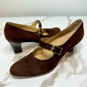 Vintage Salvatore Ferragamo Authentic Mary Jane Brown Suede Gold Buckle Pumps